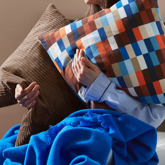 IKEA LÖVNATURSKOG brown blue cushion cover flat lay showing full front panel and zip closure