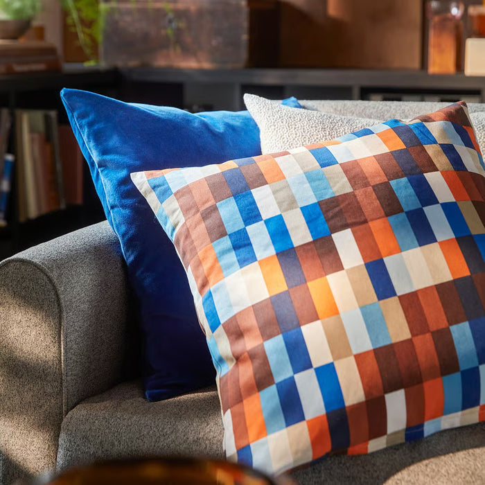 IKEA LÖVNATURSKOG cushion cover brown blue back view with zipper detail