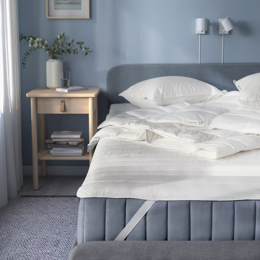 IKEA LUDDROS mattress protector on bed in blue-walled bedroom with white bedding and wooden bedside table
