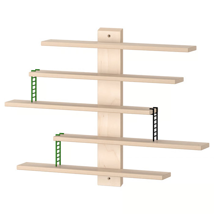 IKEA LUSTIGT birch plywood wall shelf with adjustable shelves and 3 plastic ladders, 37x37 cm, front view #10381853