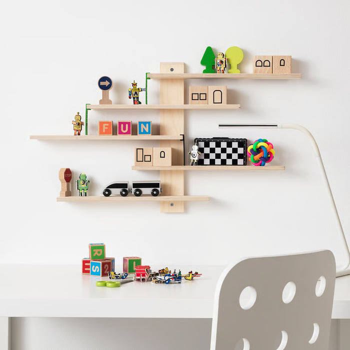 IKEA LUSTIGT birch plywood wall shelf with adjustable shelves and 3 plastic ladders, 37x37 cm, front view #10381853