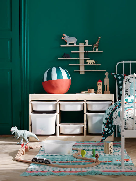  IKEA LUSTIGT wall shelf in a vibrant green kids room styled with dinosaur toy and colourful rug
