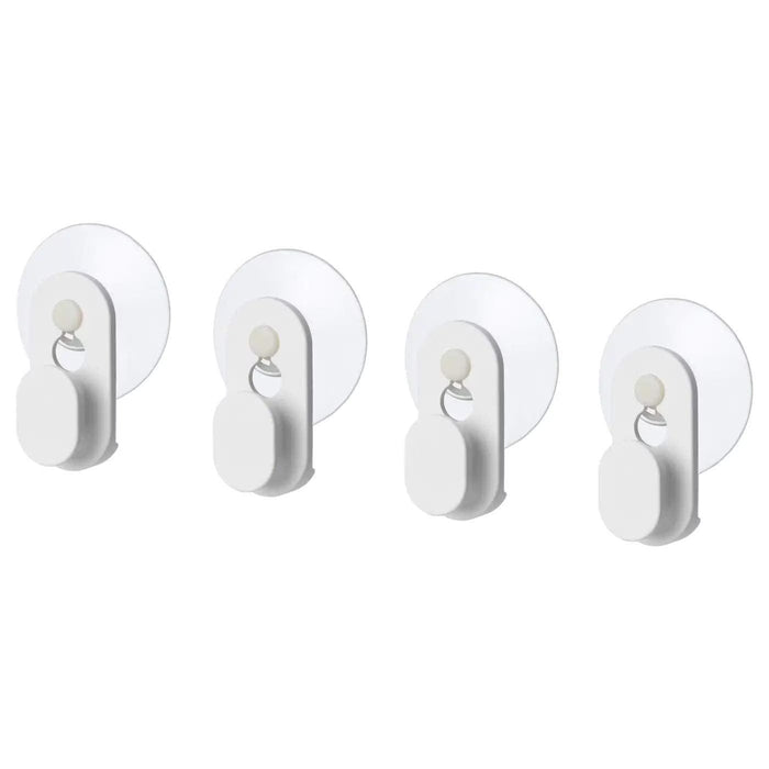 IKEA GLÖMSTA white suction cup hook pack of 4 attached to kitchen tiles front view #80359071