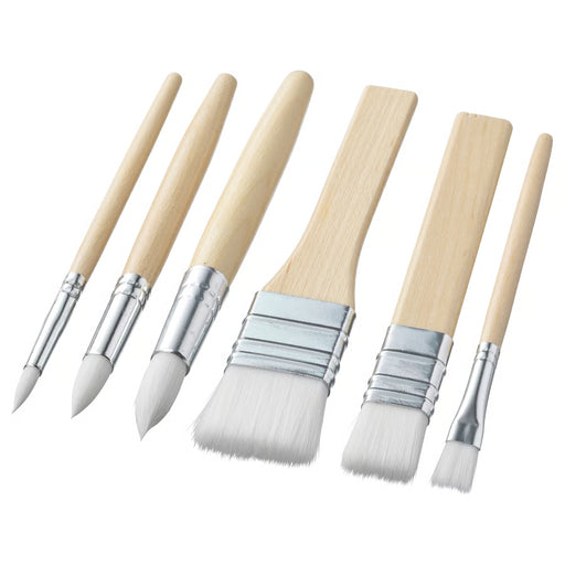 IKEA MÅLA set of 6 paintbrushes with wooden handles, round and flat tips on white background #10193319
