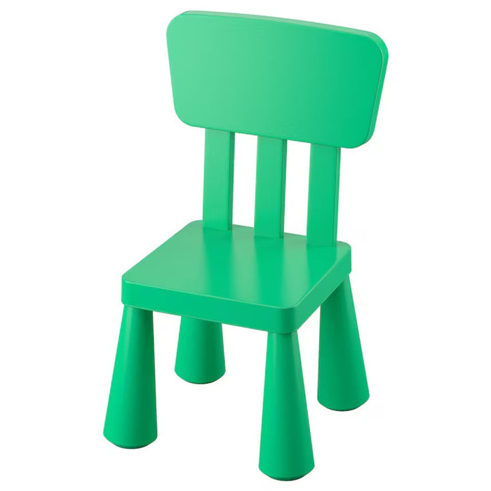 IKEA MAMMUT children's chair in green, perfect for indoor and outdoor use.