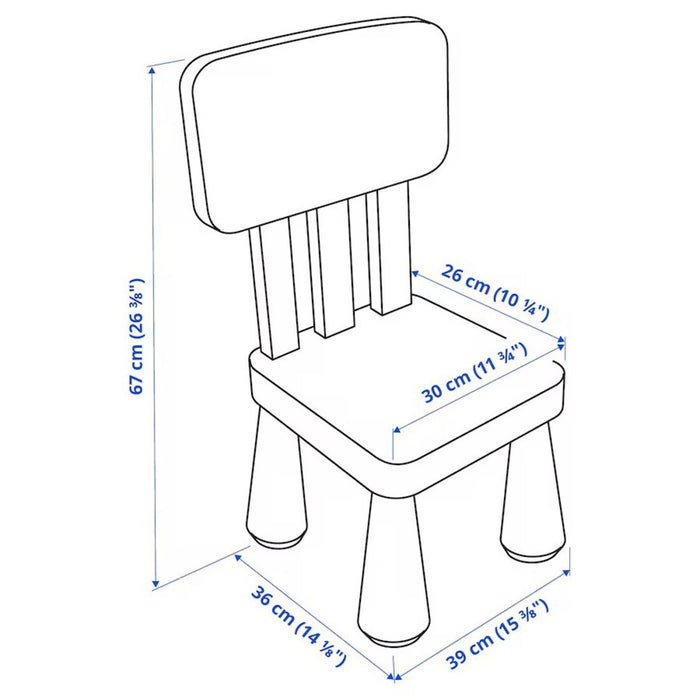 Dimensions of Green MAMMUT children's chair by IKEA, ideal for outdoor and indoor activities.