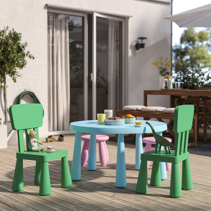 IKEA MAMMUT children's chair in vibrant green, versatile for indoor and outdoor activities