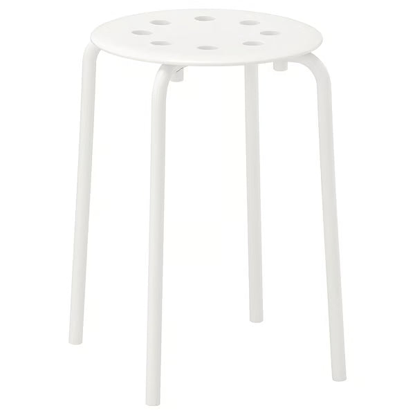 IKEA MARIUS white round stool with perforated seat and slim metal legs front view #30184050