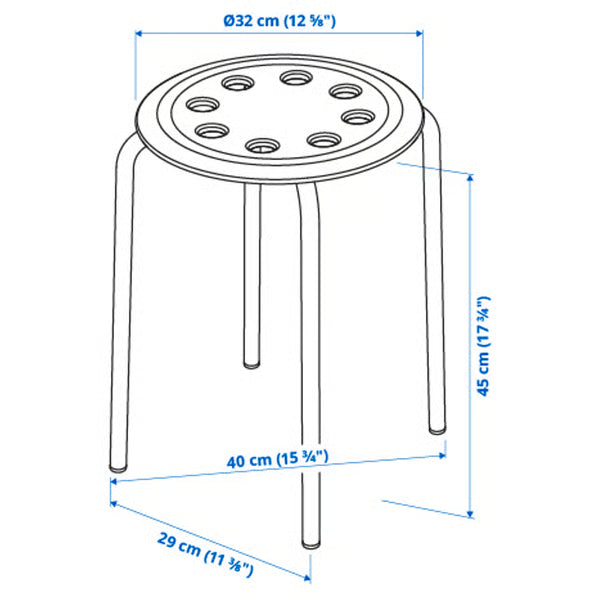 IKEA MARIUS stool dimensions illustration showing 32cm seat diameter and 45cm seat height