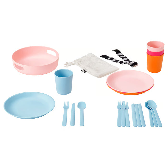 IKEA MARULK pink/blue picnic set packed in mesh bag for easy carrying