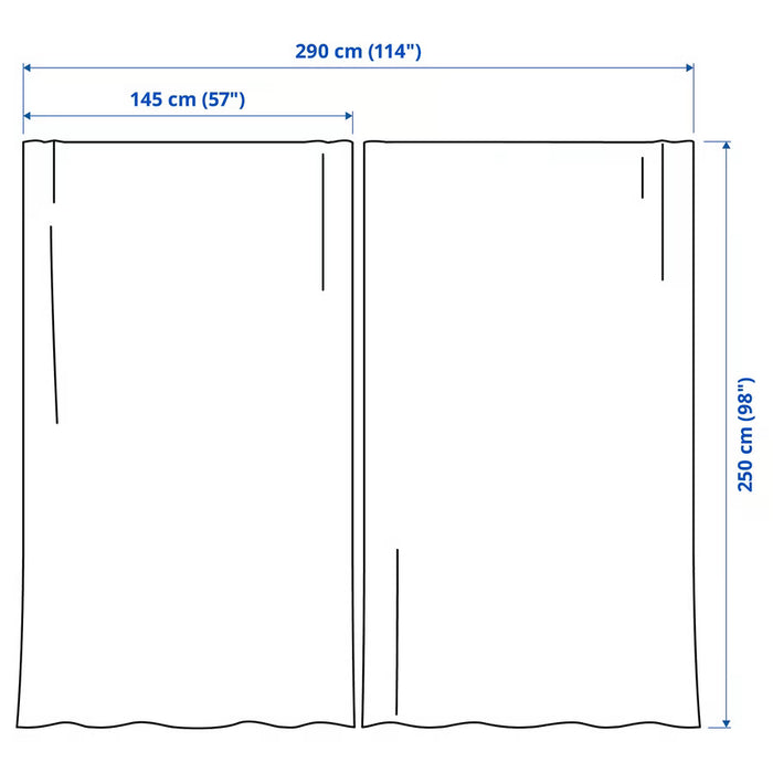 A simple line drawing showing two curtain panels with dimension labels: 290 cm (114") width and 250 cm (98") height, plus a side measurement of 145 cm (57").