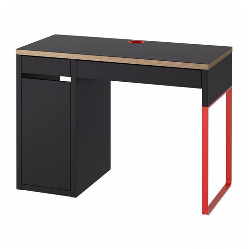  IKEA MICKE desk anthracite red 105x50cm front view with storage cabinet and cable management #60489851