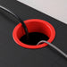 IKEA MICKE anthracite red desk angled view showing drawer and side cabinet combination

