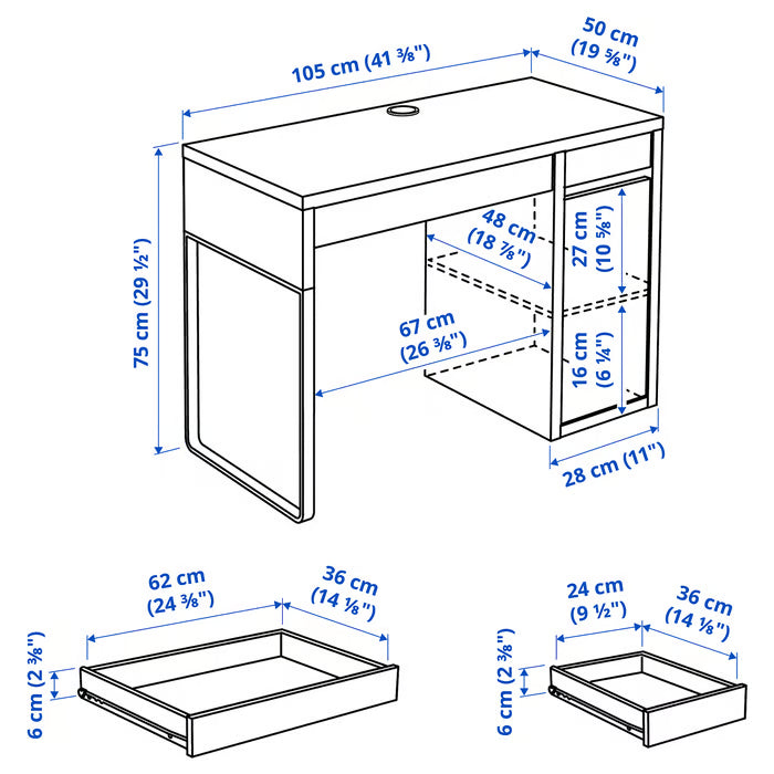 IKEA MICKE desk anthracite red top-down view showing tabletop surface and red leg detail