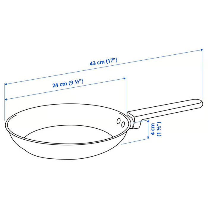Measurement diagram of IKEA MIDDAGSMAT frying pan showing diameter, height and handle length