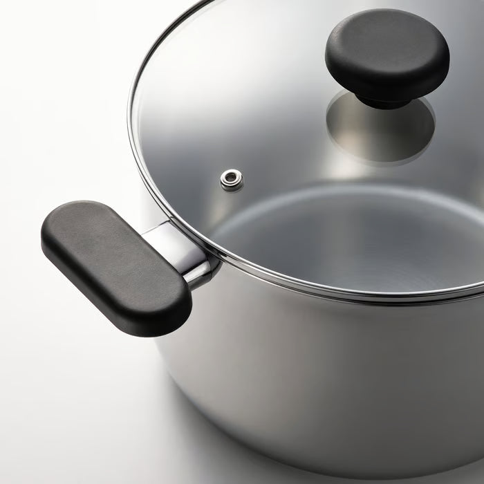 IKEA MIDDAGSMAT pot with glass lid side view showing handles and knob detail
