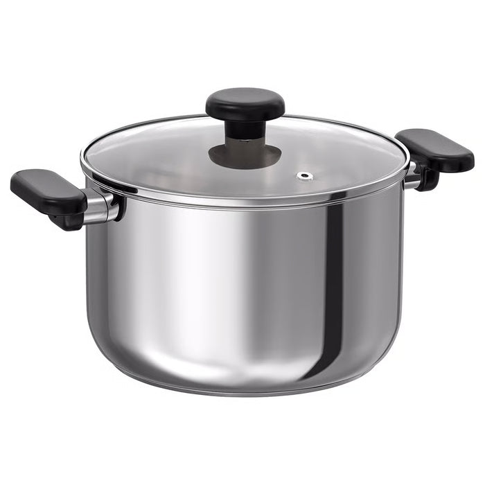 IKEA MIDDAGSMAT stainless steel pot with clear glass lid 5L front view with black handles #80463708