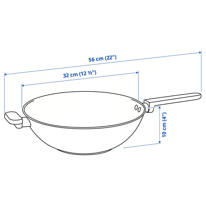 IKEA MIDDAGSMAT wok product illustration showing diameter height and length measurements