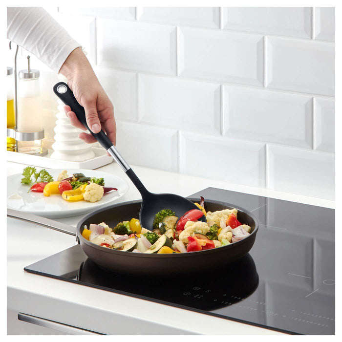 IKEA UPPDATERA utensil tray light bamboo 10x50 cm with 365+ HJÄLTE Wok spatula, stainless steel/black and 365+ HJÄLTE Wok spatula, stainless steel/black
