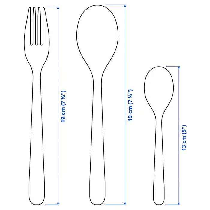 IKEA MOPSIG cutlery set measurement diagram showing dimensions of fork spoon and teaspoon