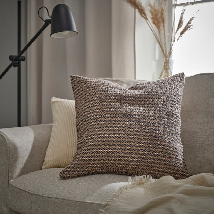 Textured cotton MOROTSMÖTT pillow cover in neutral grey-beige and dark anthracite, machine-washable (50x50 cm).70571100