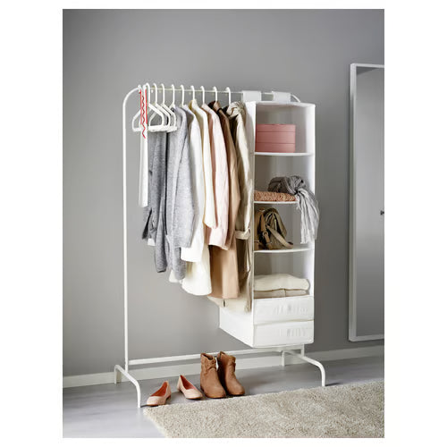 IKEA MULIG white clothes rack combined with MULIG shelves and storage drawers