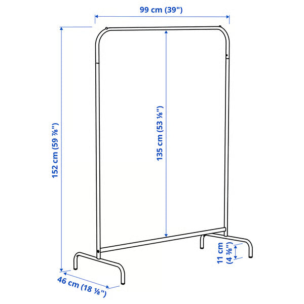 IKEA MULIG clothes rack technical diagram showing width 99 cm, depth 46 cm, height 152 cm