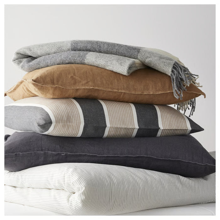 IKEA MYRULL light grey wool throw stacked with other throws showing soft thick check pattern
