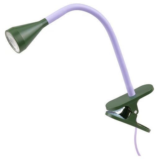 IKEA NÄVLINGE LED clamp spotlight in lilac and dark green, adjustable for task lighting