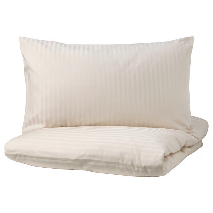  IKEA NATTJASMIN duvet cover and pillowcase light beige sateen stripe folded flat view #90442621