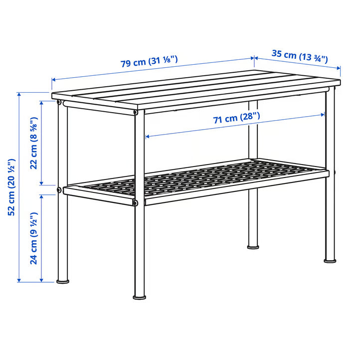 IKEA NIPÅSEN bench with shoe storage black dimensions illustration showing width depth and height measurements