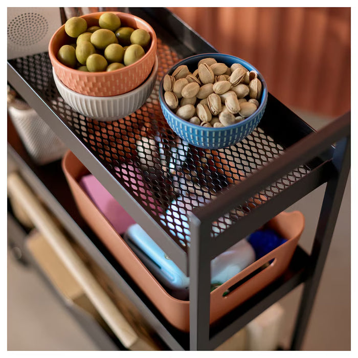  IKEA NISSAFORS black trolley close-up showing powder-coated steel frame and mesh shelf detail