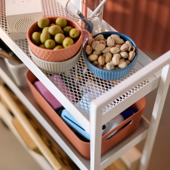 IKEA NISSAFORS white trolley open shelves side angle view
