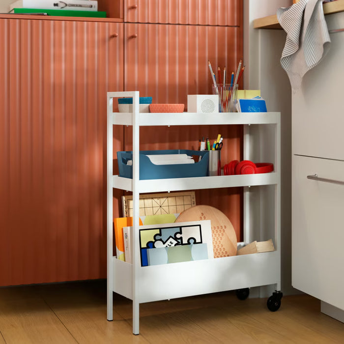 IKEA NISSAFORS white trolley three-quarter angled view on wheels