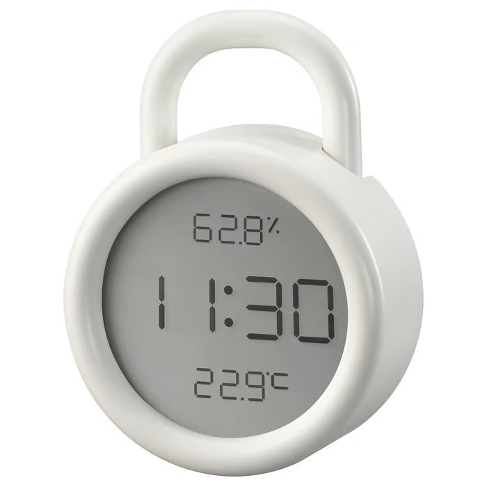 IKEA ÖRNVRÅK white digital clock showing time temperature and humidity round 8cm bathroom safe #30620466