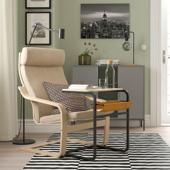 IKEA OLSERÖD side table holding laptop notebook and phone with fabric pouch for remote