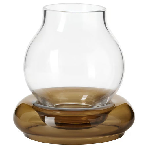 IKEA OMMJÄNGE glass tealight holder brown and clear mouth-blown 12cm rounded bulbous shape #10594595