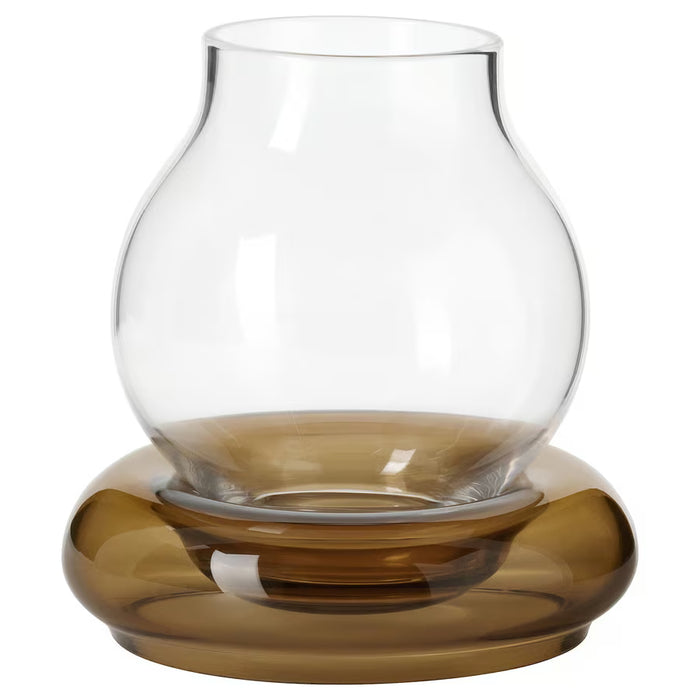 IKEA OMMJÄNGE glass tealight holder brown and clear mouth-blown 12cm rounded bulbous shape #10594595