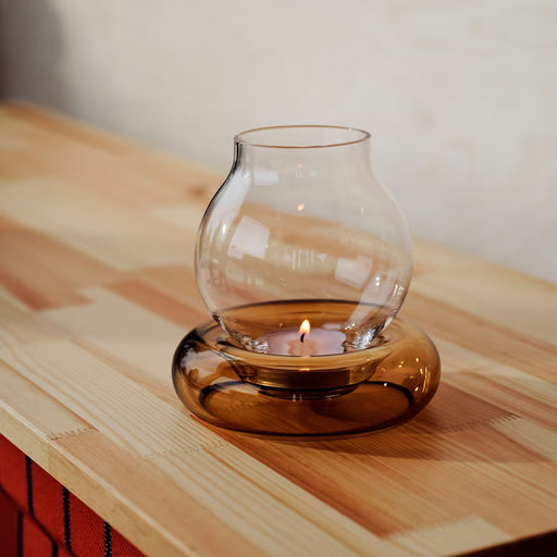 IKEA OMMJÄNGE tealight holder clear glass dome on brown base with small candle inside elegant compact