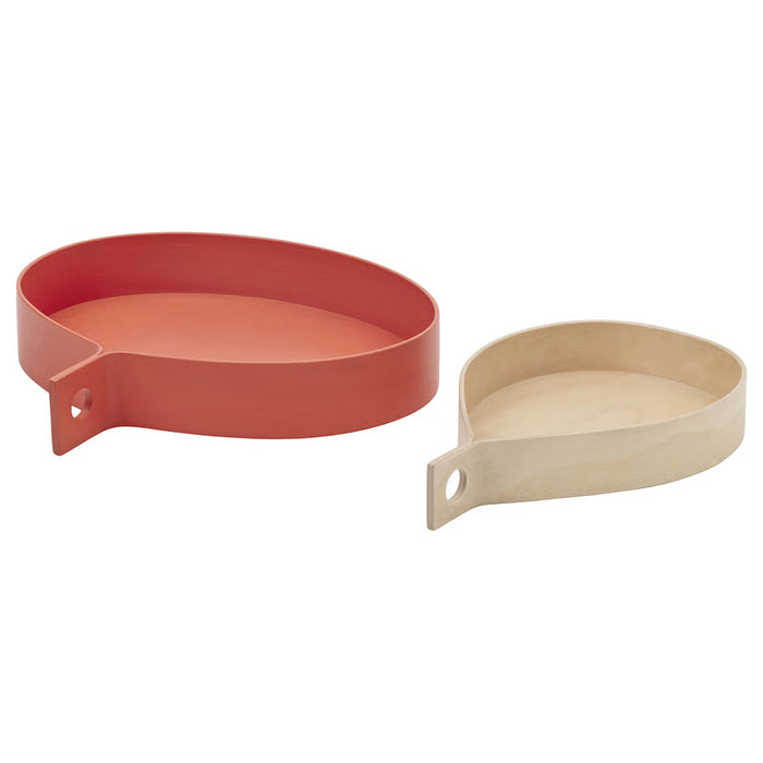 IKEA OMMJÄNGE wooden tray set of 2, red and beige birch veneer, teardrop shape with handle #10593911