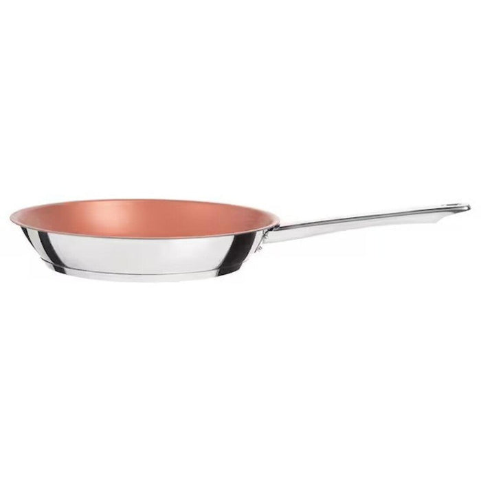 Copper frying pan with a silver handle on a white background
