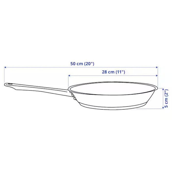 Measurement chart of a frying pan with dimensions labeled