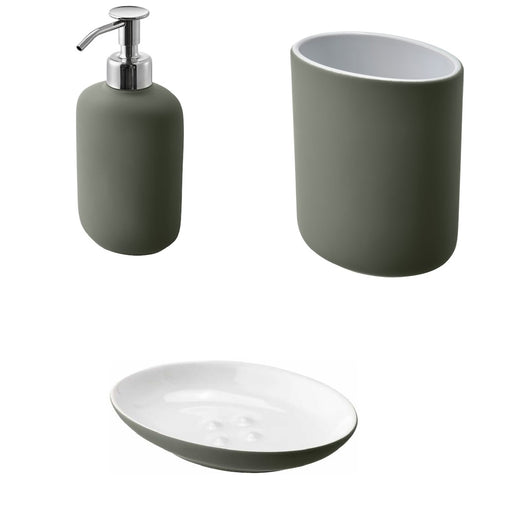 KEA EKOLN 3-Piece Bathroom Set in matte grey-green. Includes a sleek soap dispenser with a silver pump, a cylindrical toothbrush holder, and an oval white soap dish with a green base. Elegant and functional for modern bathroom decor-60496795, 00496798, 30496792