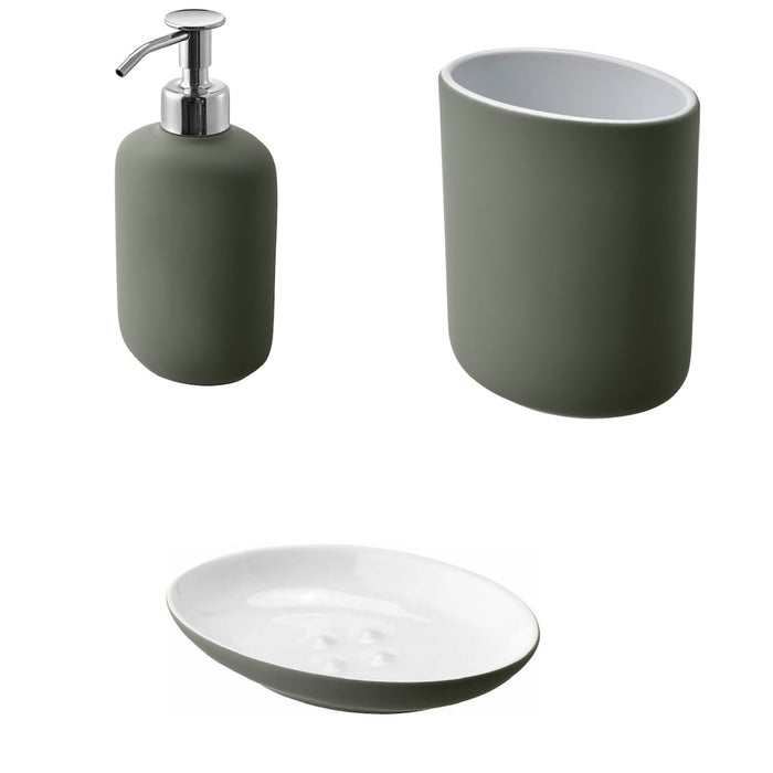 KEA EKOLN 3-Piece Bathroom Set in matte grey-green. Includes a sleek soap dispenser with a silver pump, a cylindrical toothbrush holder, and an oval white soap dish with a green base. Elegant and functional for modern bathroom decor-60496795, 00496798, 30496792