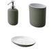 KEA EKOLN 3-Piece Bathroom Set in matte grey-green. Includes a sleek soap dispenser with a silver pump, a cylindrical toothbrush holder, and an oval white soap dish with a green base. Elegant and functional for modern bathroom decor-60496795, 00496798, 30496792