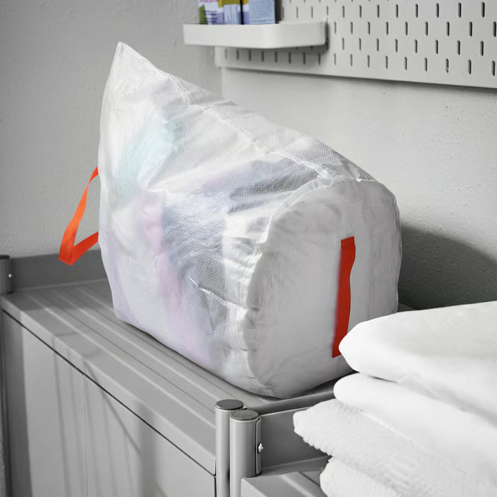  IKEA PÄRKLA white mesh laundry bag with orange straps stored on a shelf