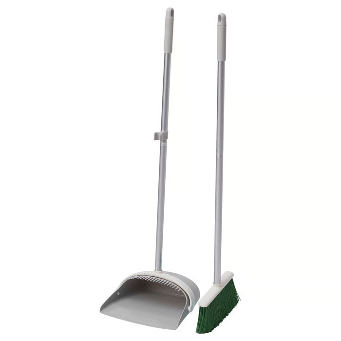  IKEA PEPPRIG grey green dustpan and broom set with steel pole standing upright on wooden floor #70567631
