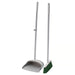  IKEA PEPPRIG grey green dustpan and broom set with steel pole standing upright on wooden floor #70567631