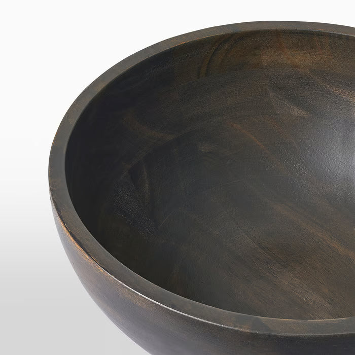 Close-up of IKEA PINNLILJA larger acacia serving bowl showing natural wood grain and polished smooth finish