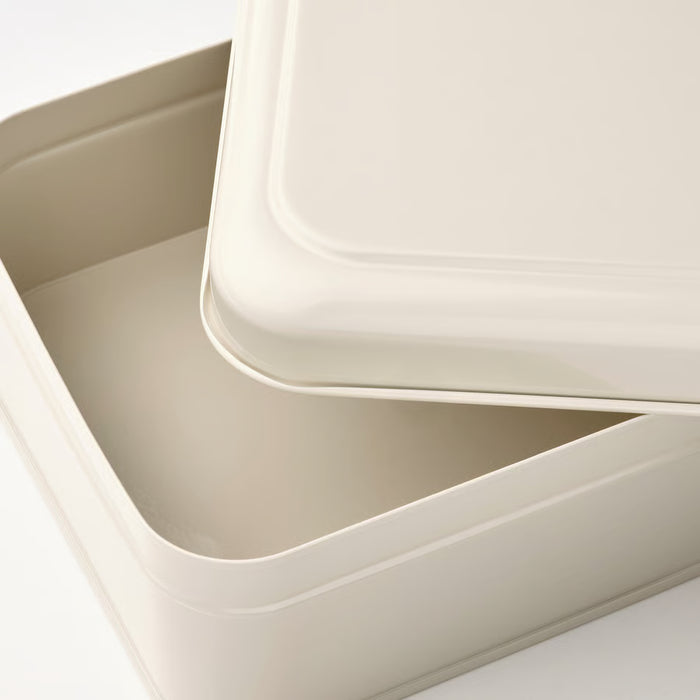 Multiple IKEA PLOGFÅRA storage boxes stacked, showing smooth powder-coated finish and stackable design